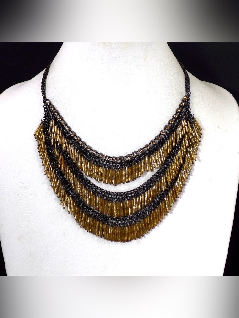 Black Gold Fringe Statement Necklace Rhinestone Bib Evening Formal Jewelry New